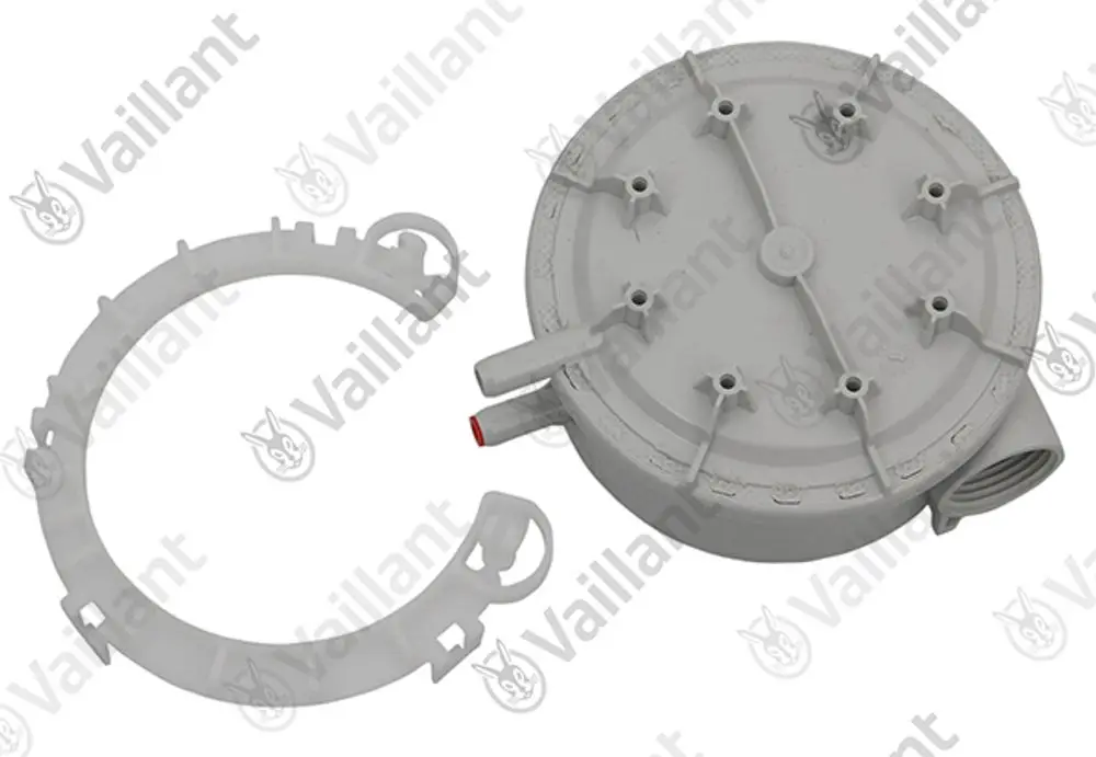 Vaillant Druckwächter in grauem Kunststoff, besteht aus einem runden Gehäuse mit mehreren Anschlüssen und einem Befestigungsring.
